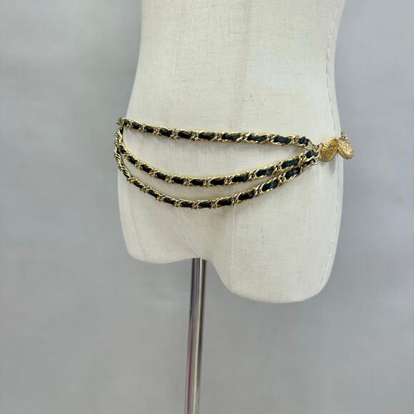 Gold braided chain and faux‎ leather layered chain belt Medallion detail Size XS main image 9